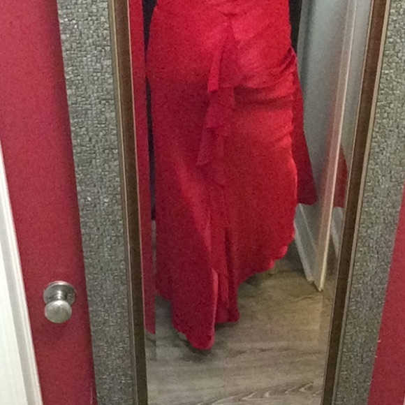 Red silky evening gown, sheer top, flare bottom - Picture 4 of 14